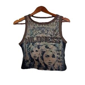 Romwe Women's Small Brown Sleeveless Tank Top Rhinestones Wildness Woman